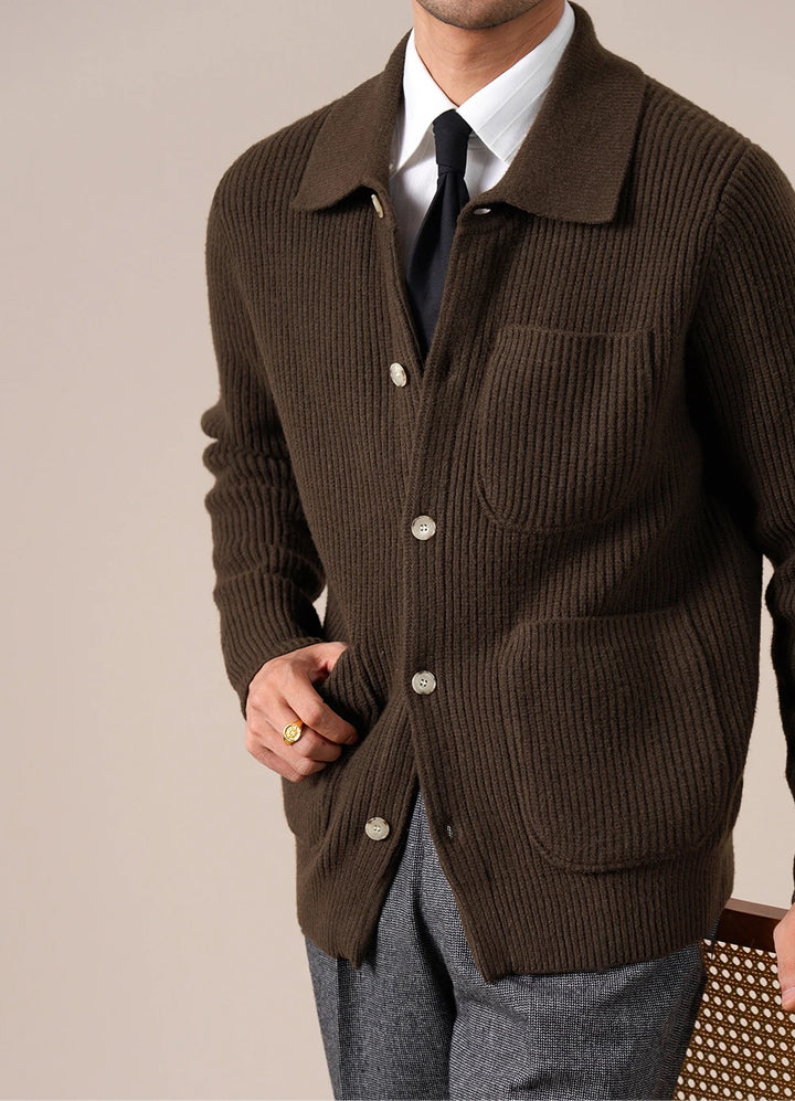 Coffee brown ribbed knit cardigan with chest and hand pockets