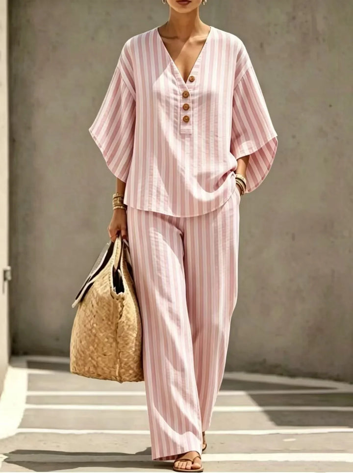 Odessa  Striped Short Sleeve Button Front Pants Set