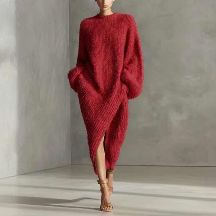 Woman wearing burgundy bouclé knit maxi dress with side slit, front view