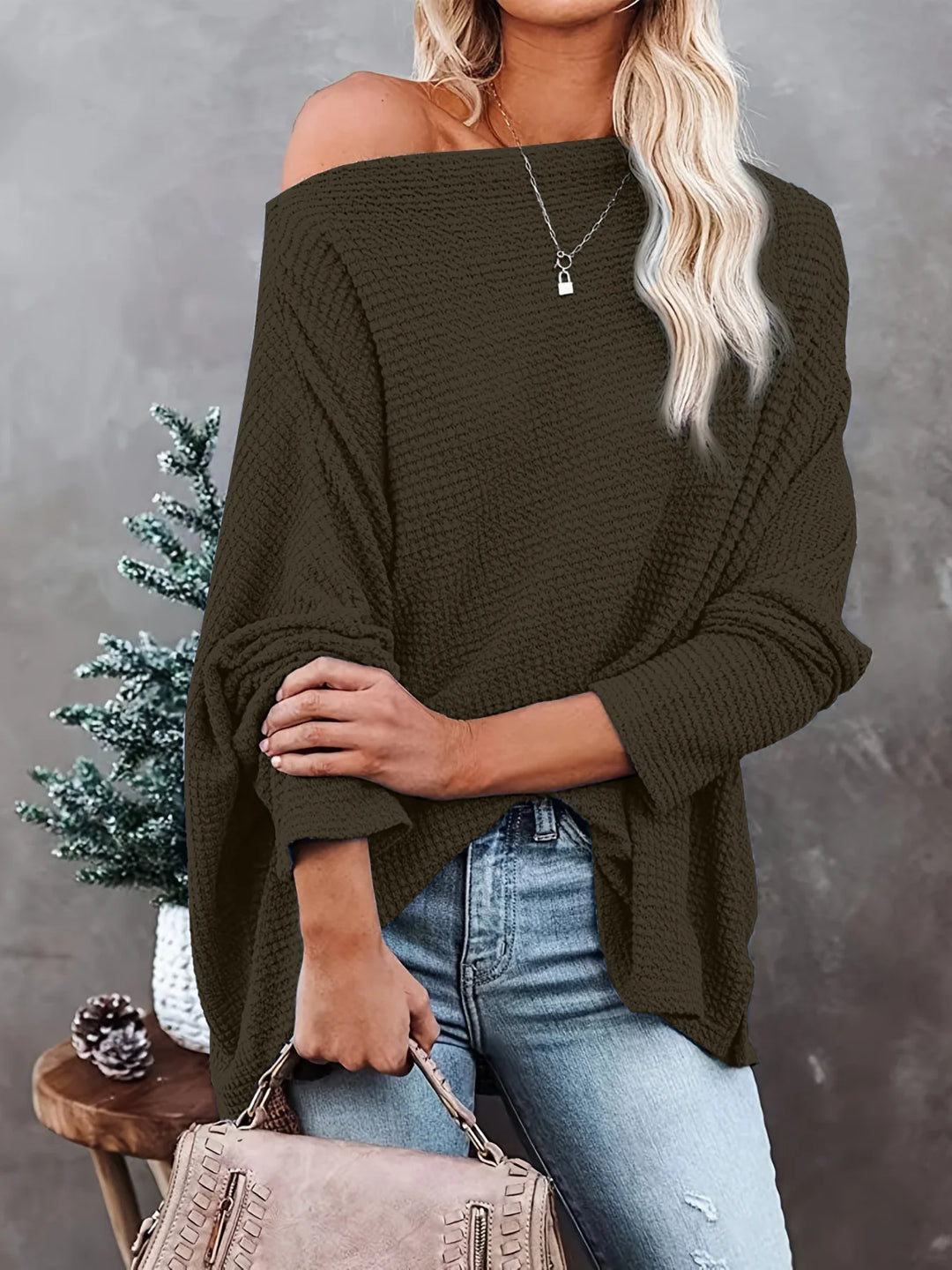 Army green waffle knit off-shoulder sweater on model