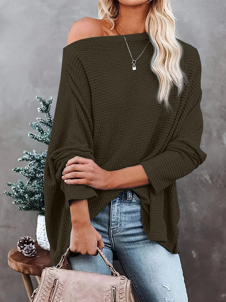 Army green waffle knit off-shoulder sweater on model