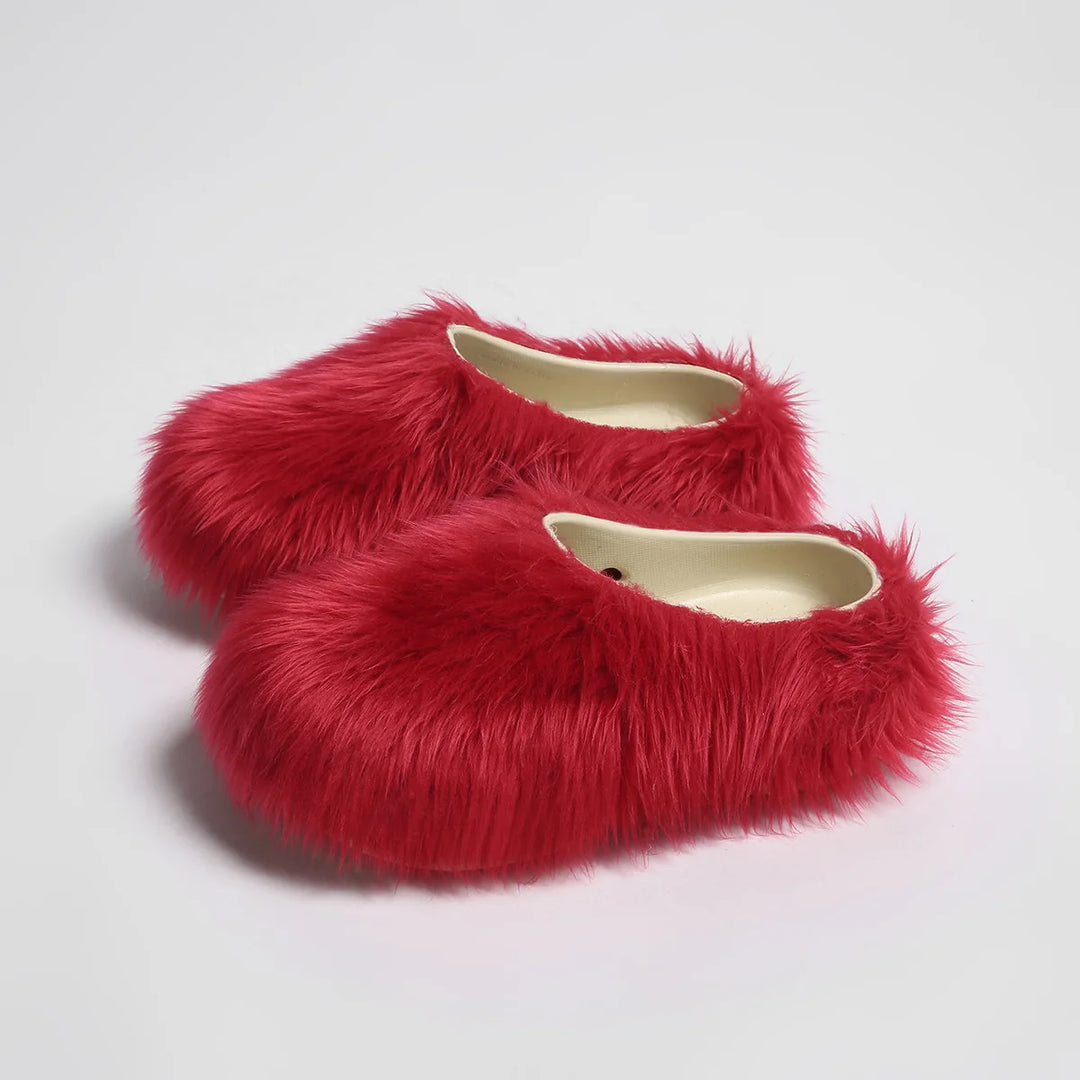 Red faux fur platform slipper mules, angled view