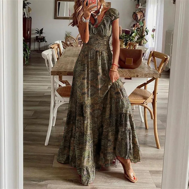 Colette  Bohemian Printed Petal Sleeve Maxi Dress