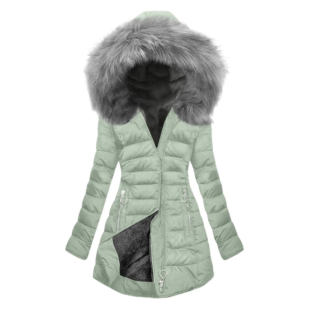 Mint green quilted puffer jacket with faux fur hood, front view