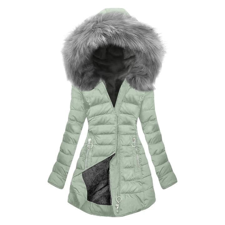 Mint green quilted puffer jacket with faux fur hood, front view
