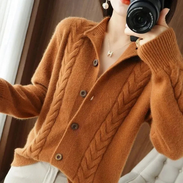 Caramel cable knit button front cardigan with collar, close view