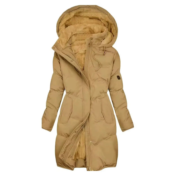 Tan hooded parka coat with faux fur lined hood, front view