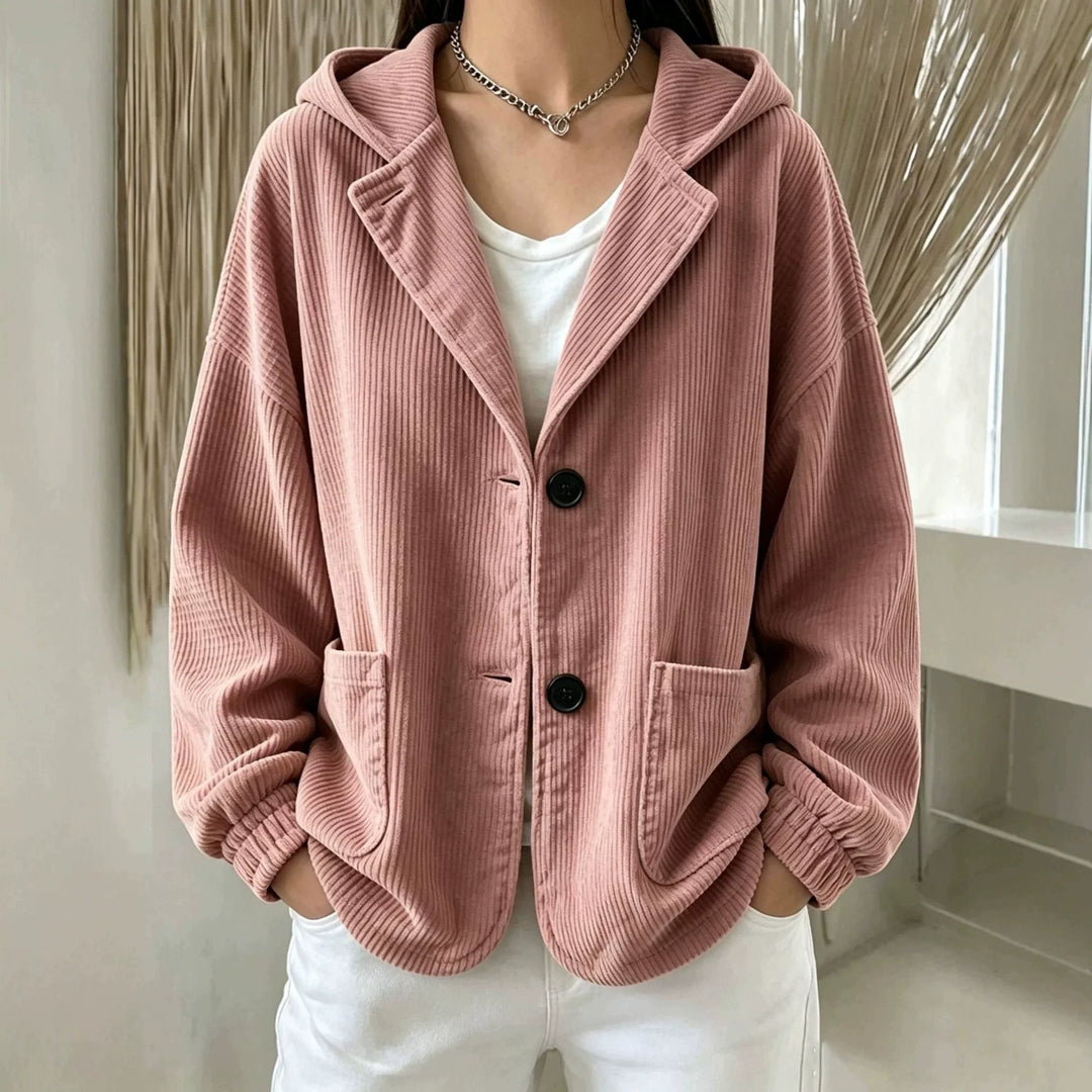Pink hooded corduroy jacket with notched lapel
