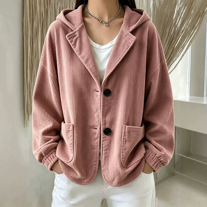 Pink hooded corduroy jacket with notched lapel