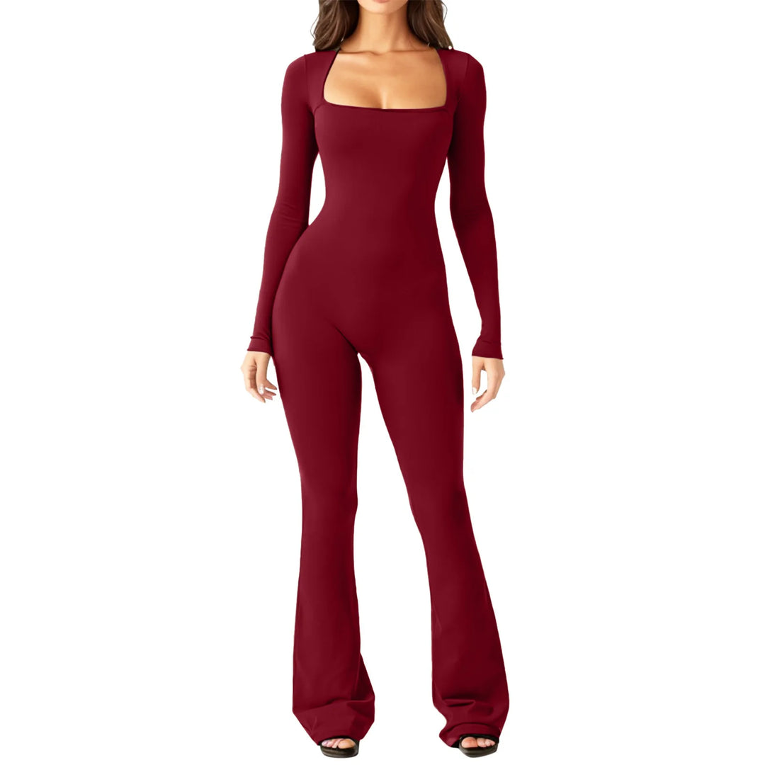 Wine red square neck fitted jumpsuit with flared wide leg pants, front view