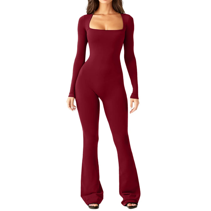 Wine red square neck fitted jumpsuit with flared wide leg pants, front view