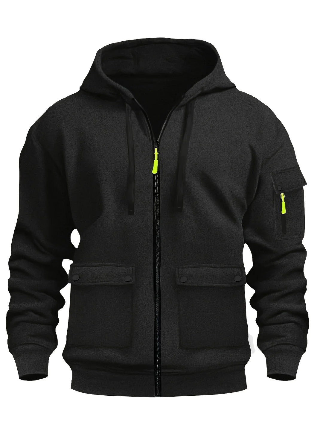 Black zip-up cargo hoodie with neon zipper pulls