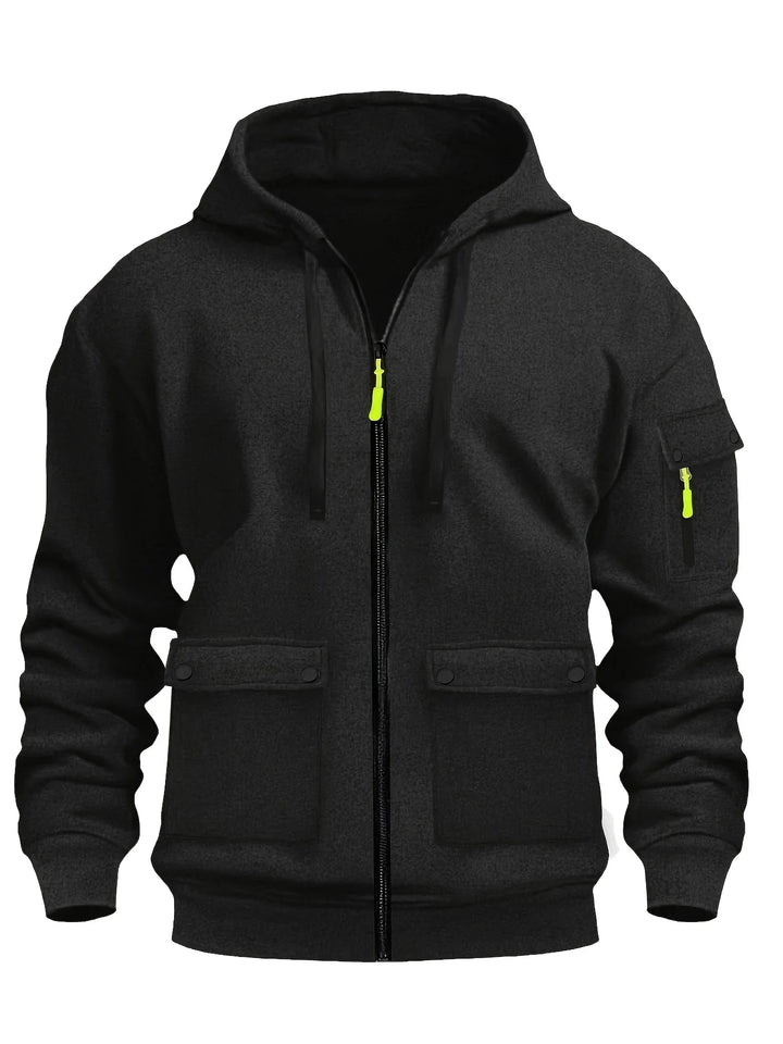 Black zip-up cargo hoodie with neon zipper pulls