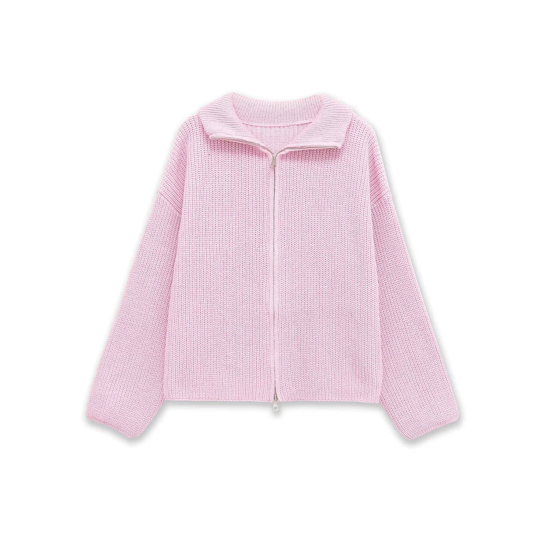 Pink ribbed knit zip-front cardigan with folded collar