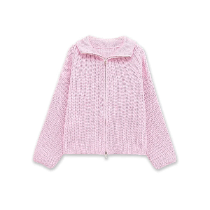Pink ribbed knit zip-front cardigan with folded collar