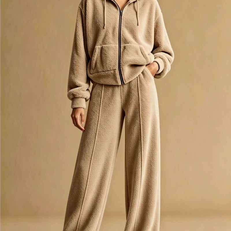 Close up of khaki sherpa zip hoodie and pants set