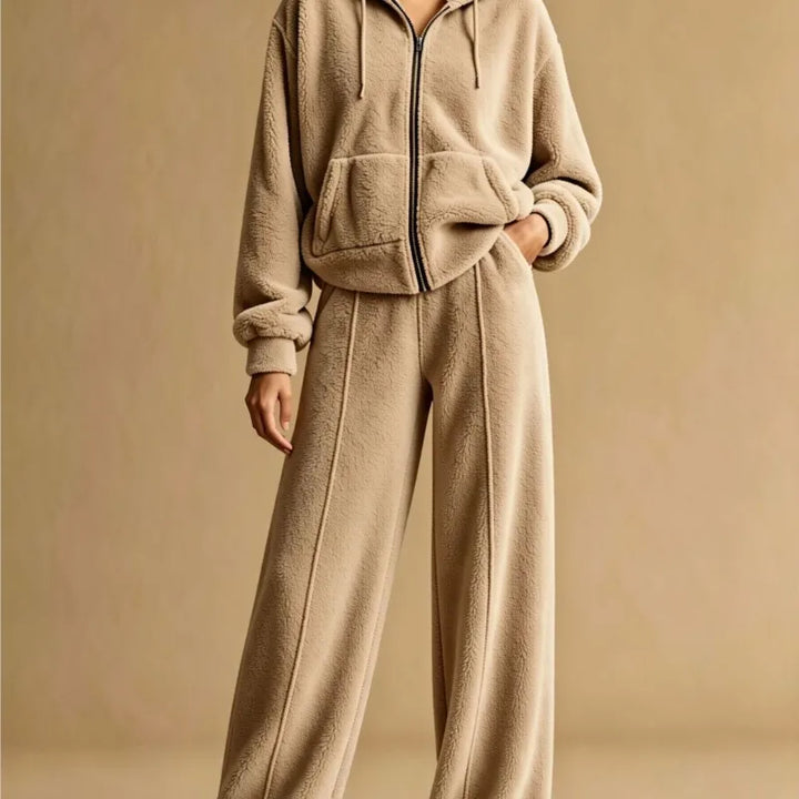 Close up of khaki sherpa zip hoodie and pants set