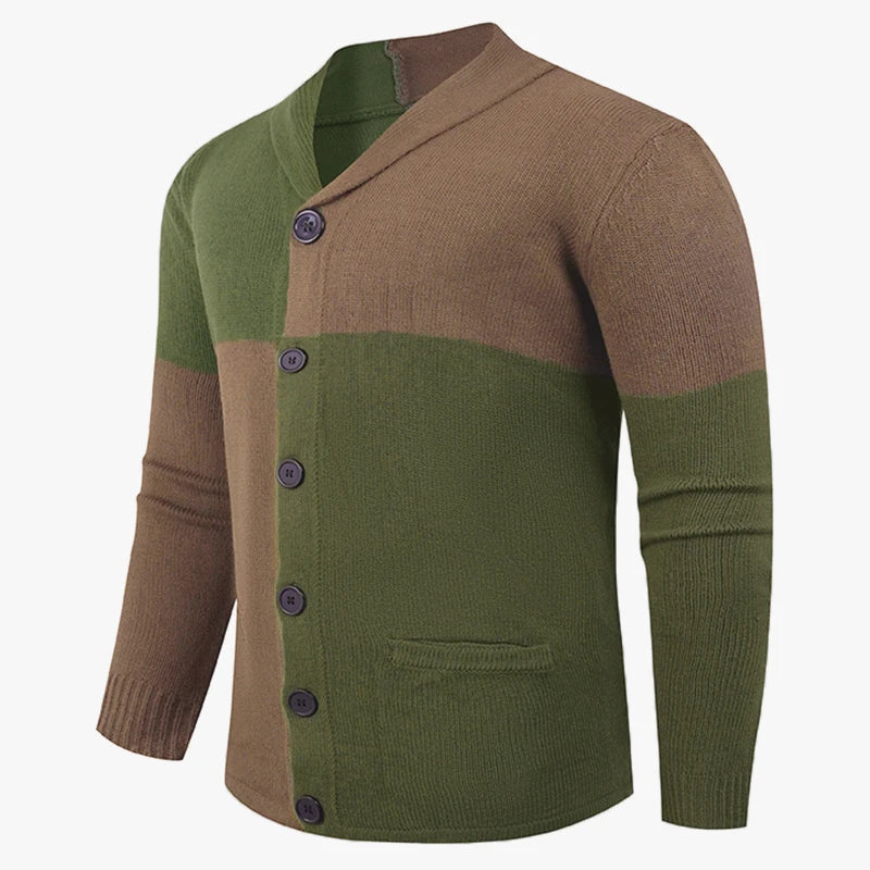 Green brown color-block shawl collar cardigan sweater, side view