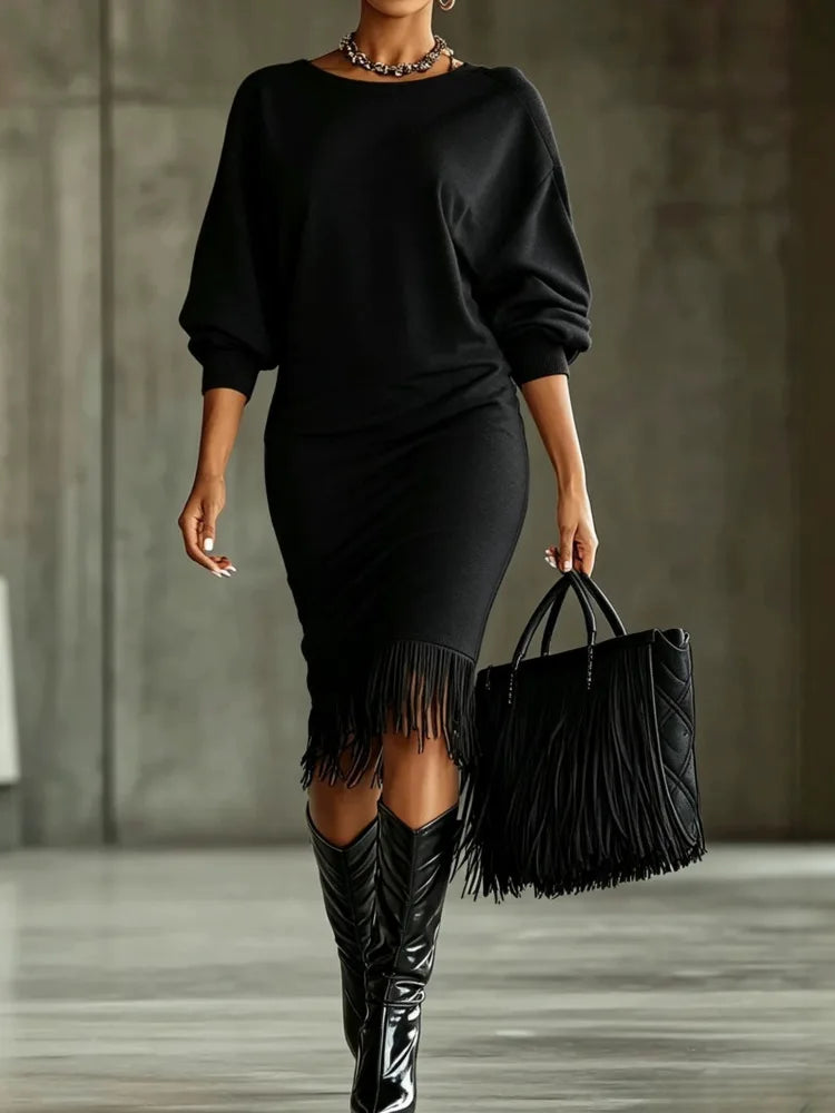 Marisette Fringe Hem Sweater Dress