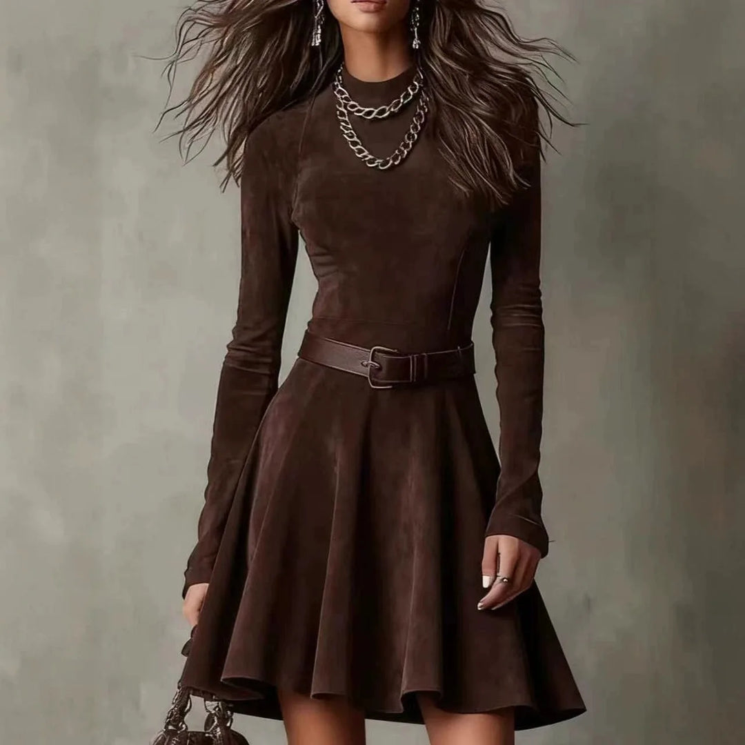 Woman wearing coffee brown suede-look fit-and-flare mini dress with belt, front view
