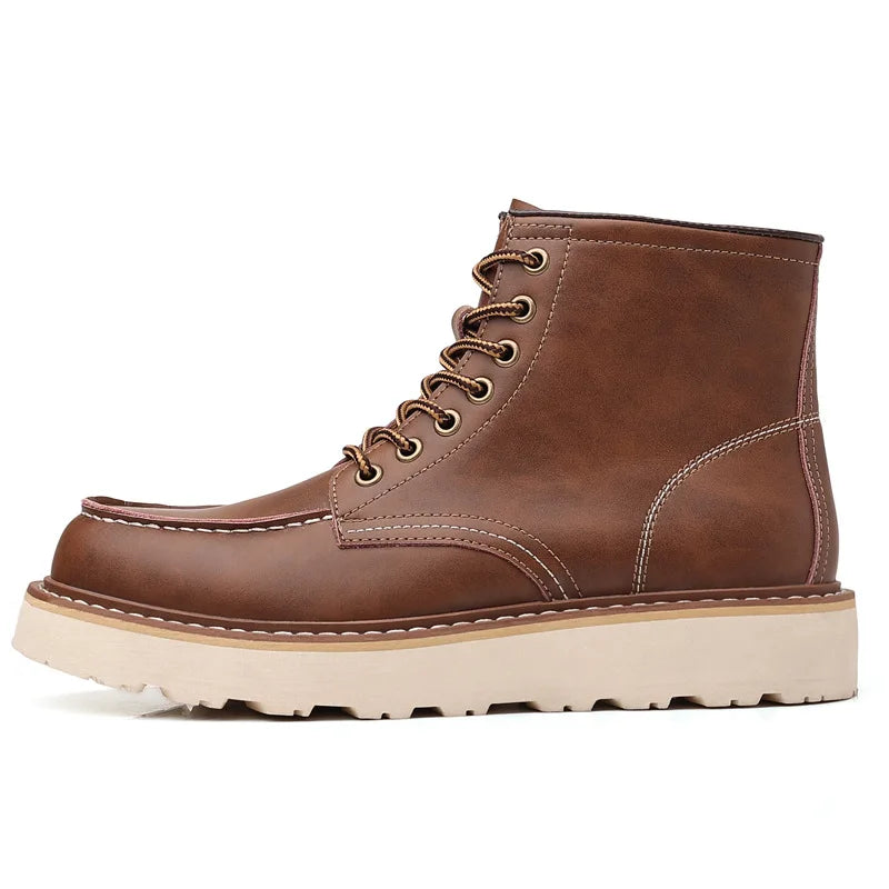 Brown leather work boot side profile with thick sole