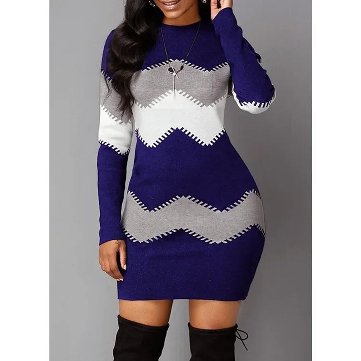 Deep blue chevron striped sweater dress, front view close up