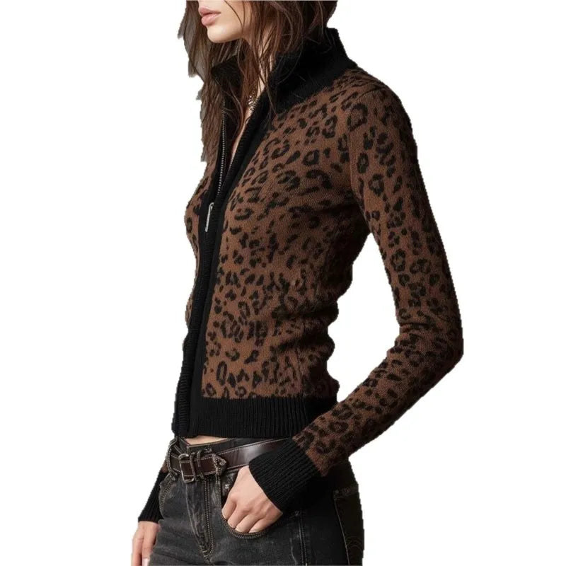 Brown leopard print zip front cardigan on model, side view