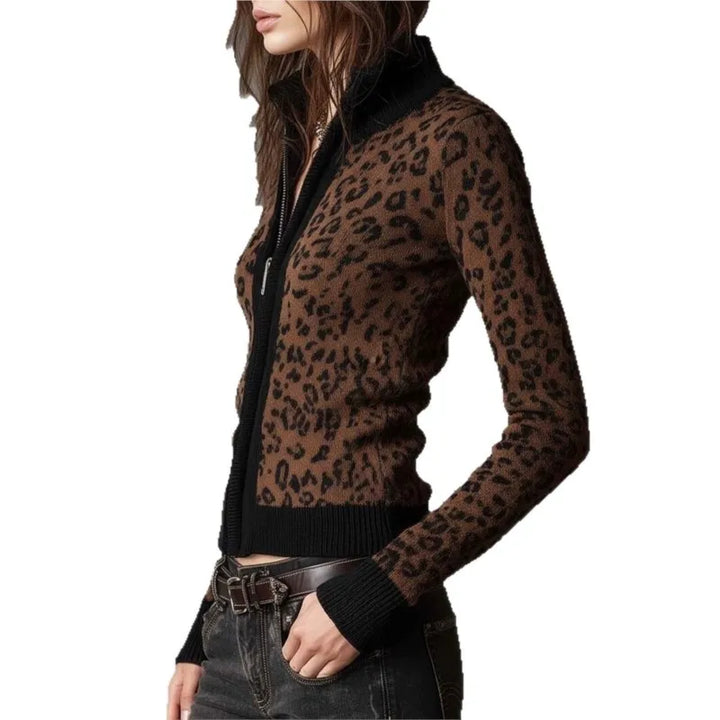 Brown leopard print zip front cardigan on model, side view