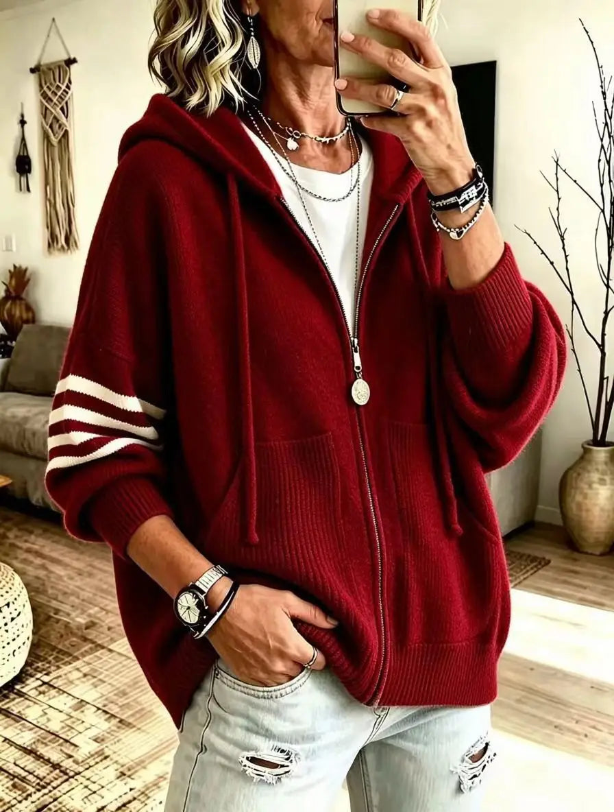 Burgundy zip-up knit hoodie with striped sleeve detail