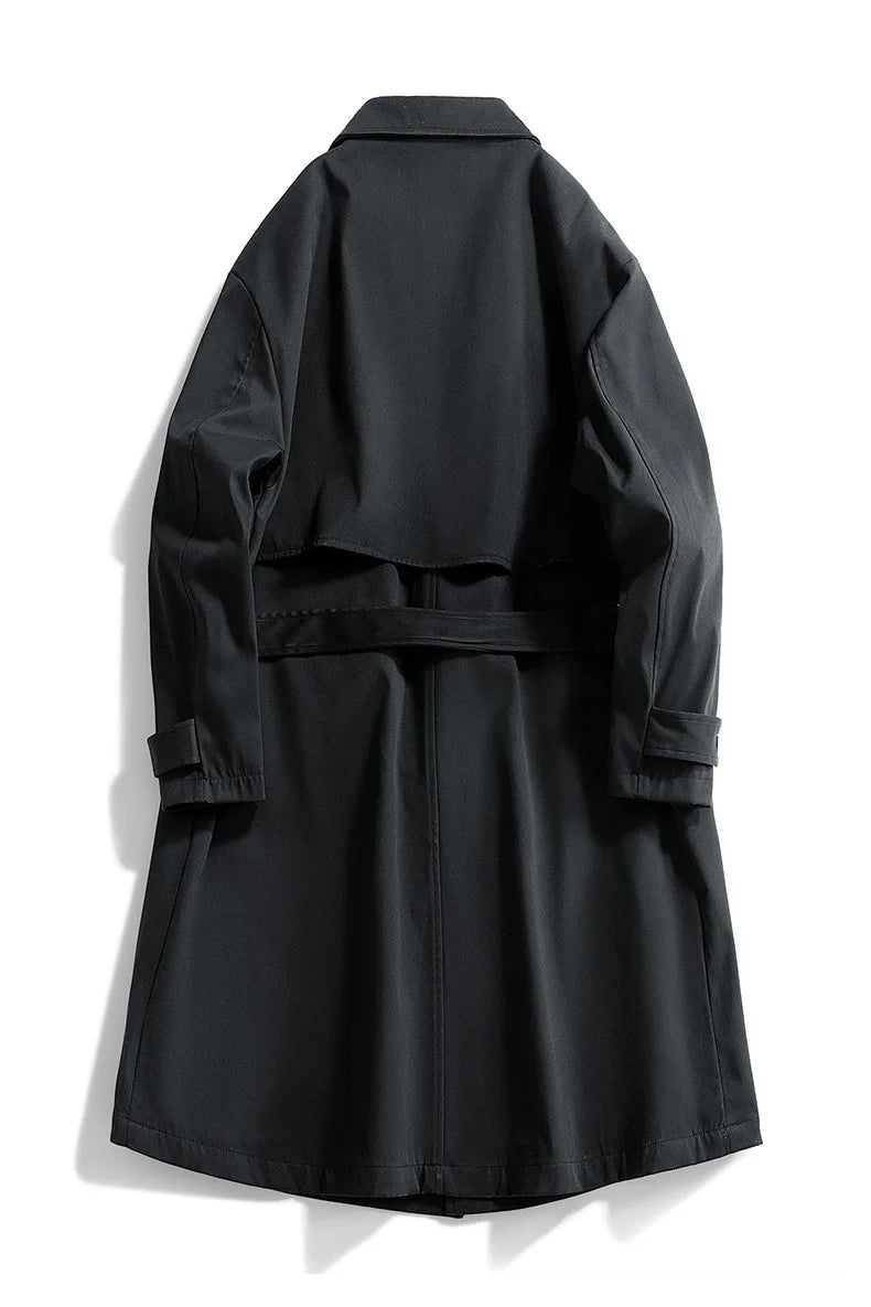 Black trench coat back view with belt