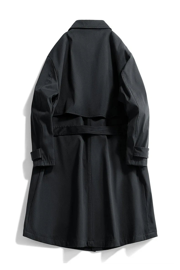 Black trench coat back view with belt