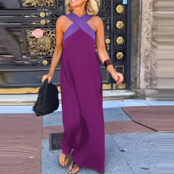 Jessara Contrast Halter Backless Maxi Dress
