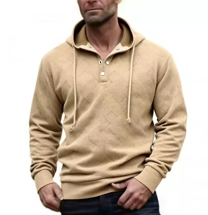 Man wearing khaki textured knit hoodie with snap button placket