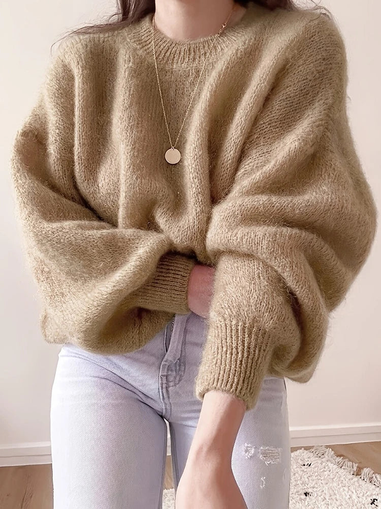 Khaki fuzzy oversized pullover sweater, front view