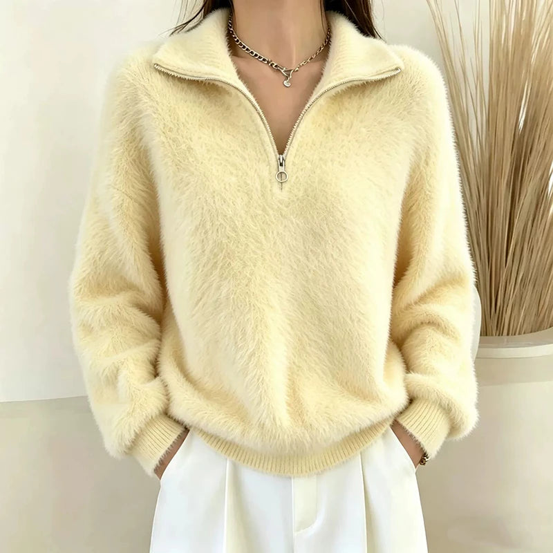 Yellow brushed knit quarter-zip pullover with turn-down collar, front view