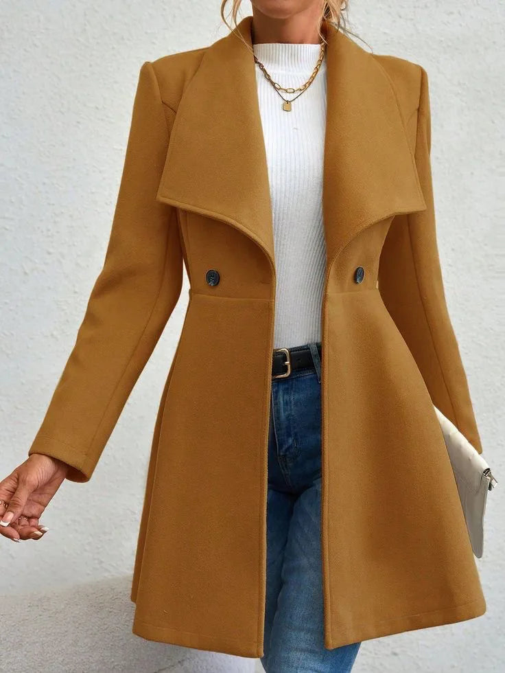 Camel waterfall collar swing coat, front detail view