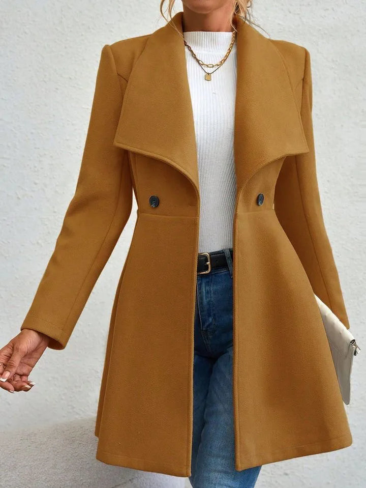 Camel waterfall collar swing coat, front detail view