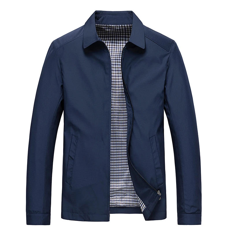 Dark blue bomber jacket, front view