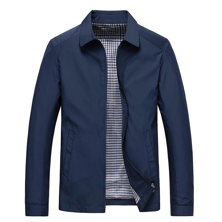 Dark blue bomber jacket, front view
