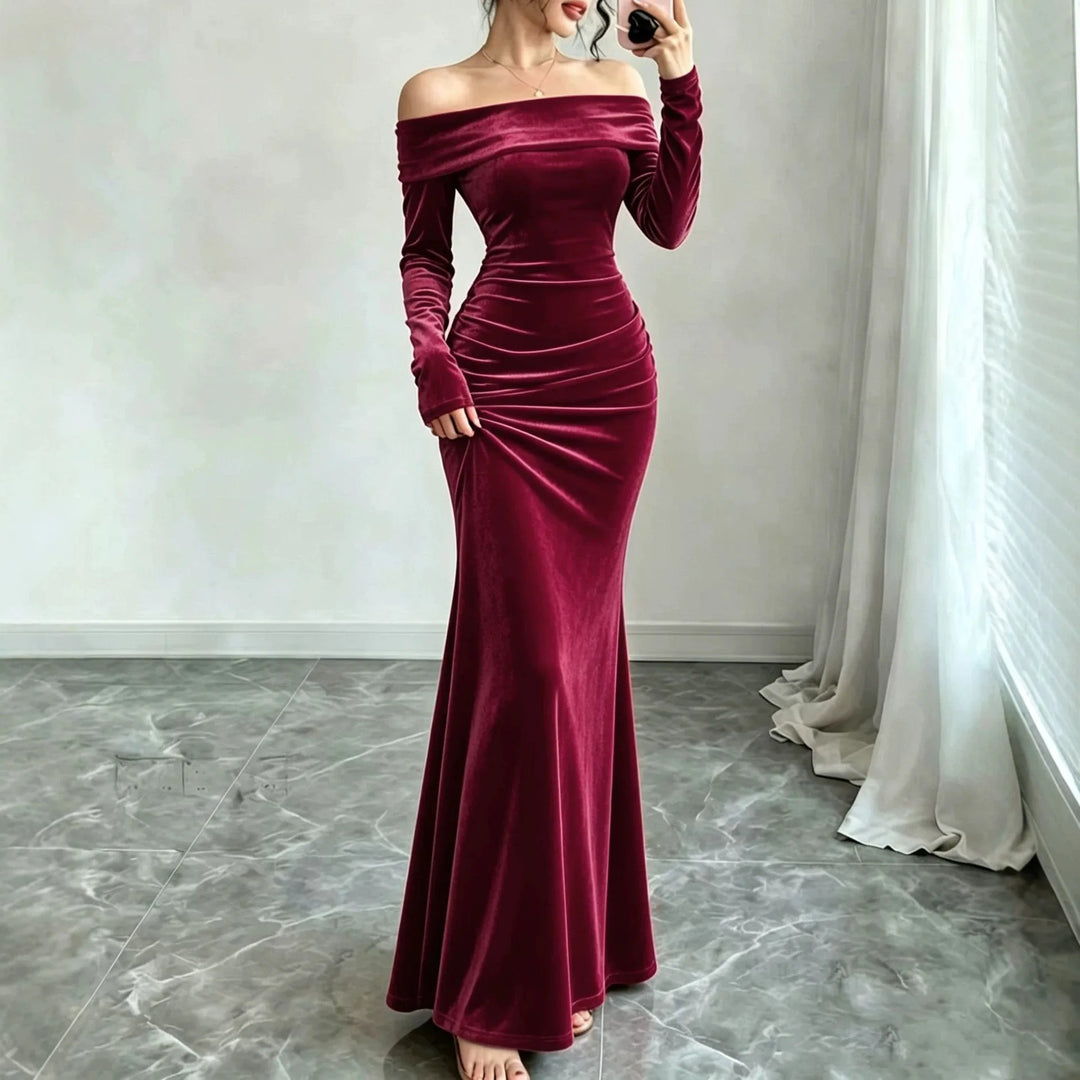Wine red velvet off-shoulder mermaid maxi dress front view