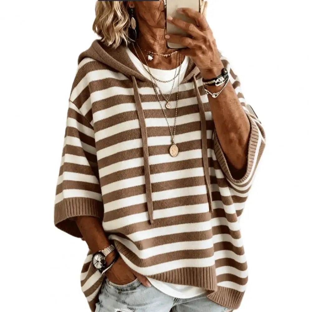 Close up of khaki and white striped hooded sweater