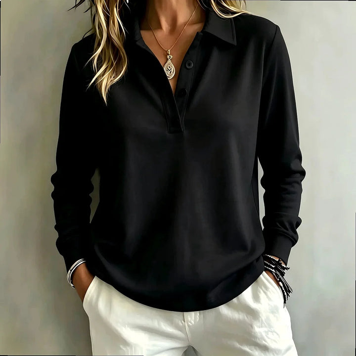 Black long sleeve polo shirt with button placket, close-up