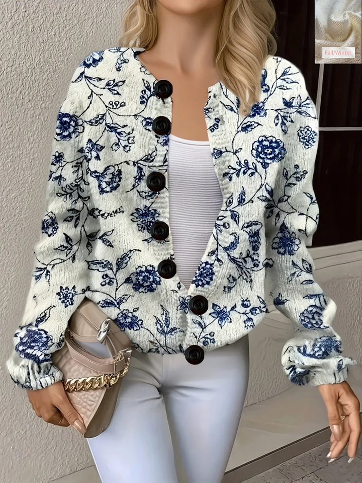 Blue and white floral print button front cardigan