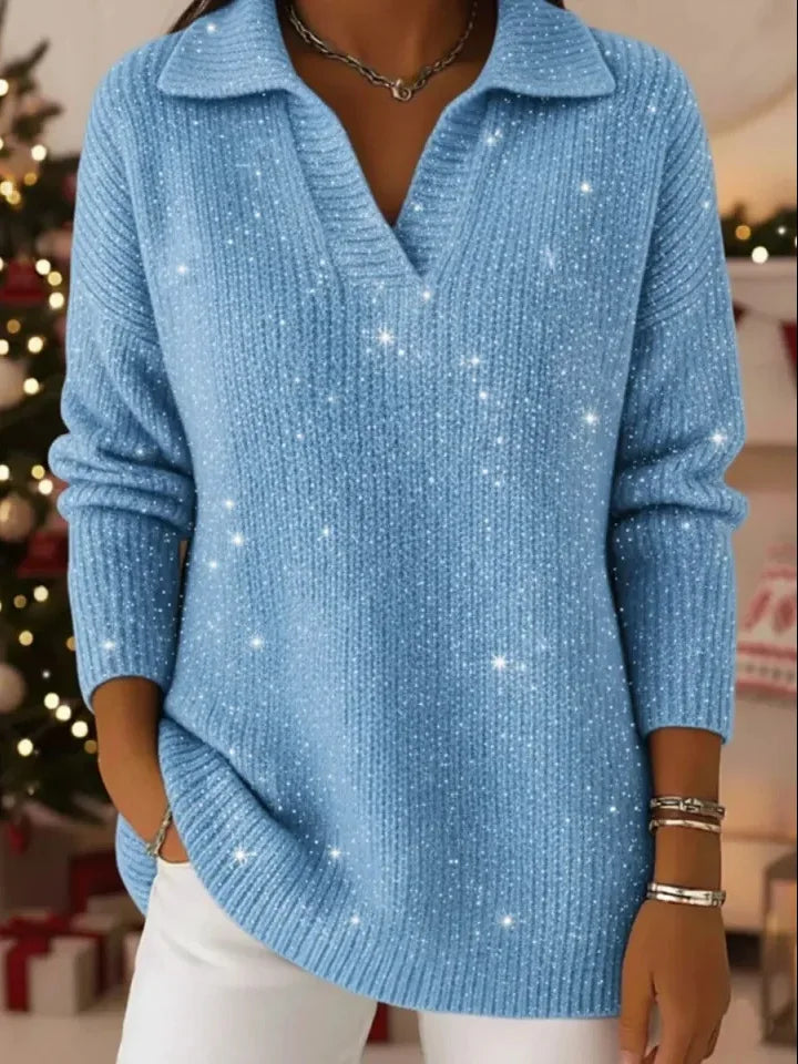 Woman wearing light blue sequined ribbed knit pullover sweater with collar