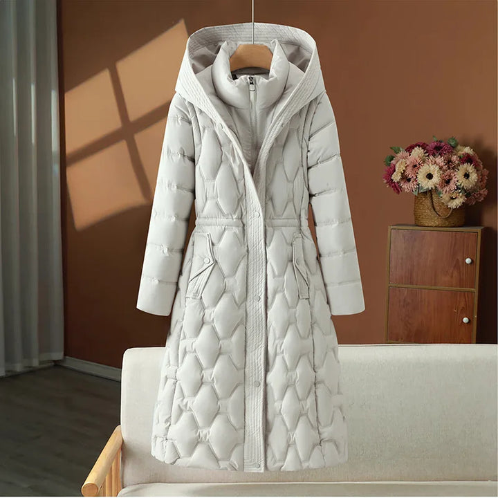 White long quilted puffer coat with hood, front view