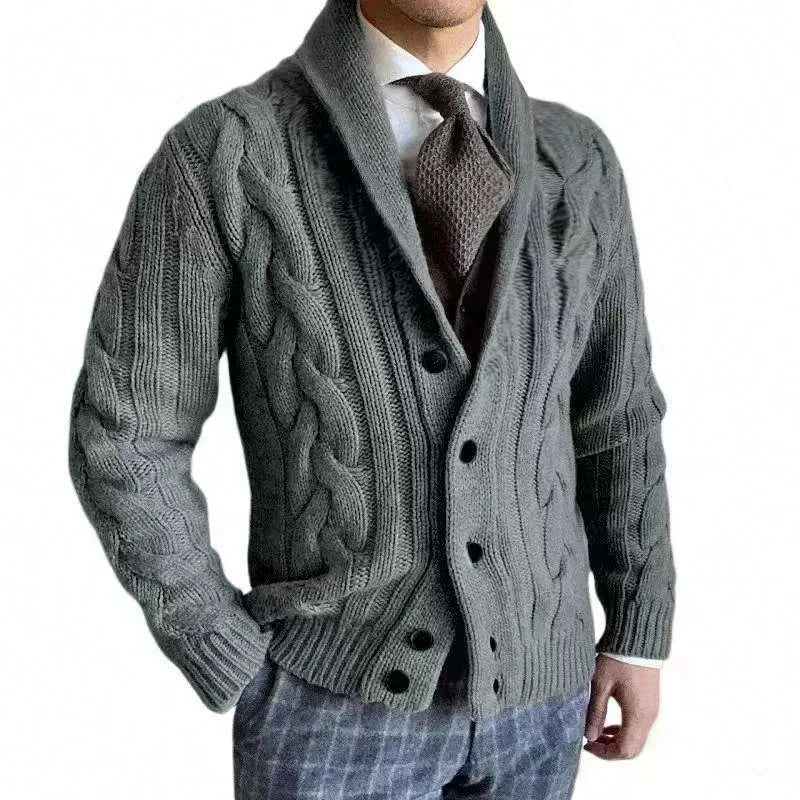 Side view of gray cable knit shawl collar cardigan