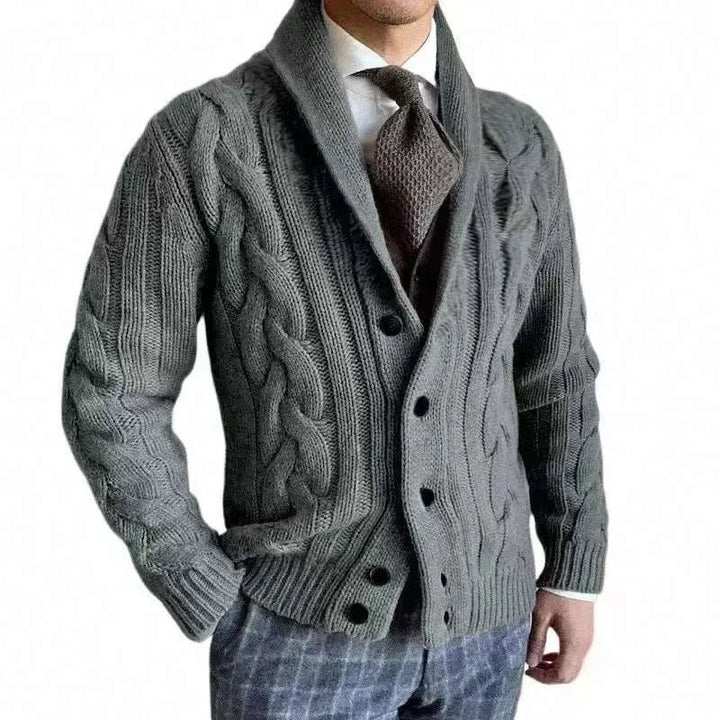 Side view of gray cable knit shawl collar cardigan