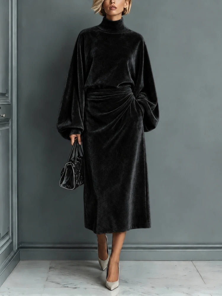 Black velvet midi dress with turtleneck and ruched waist