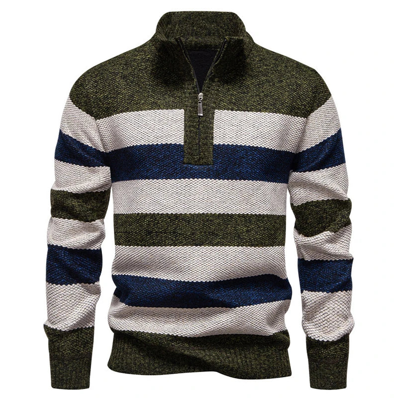 Green navy beige striped quarter zip sweater, straight front view