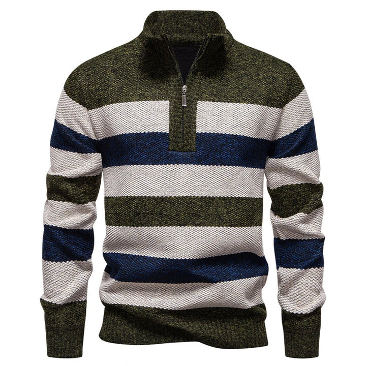 Green navy beige striped quarter zip sweater, straight front view